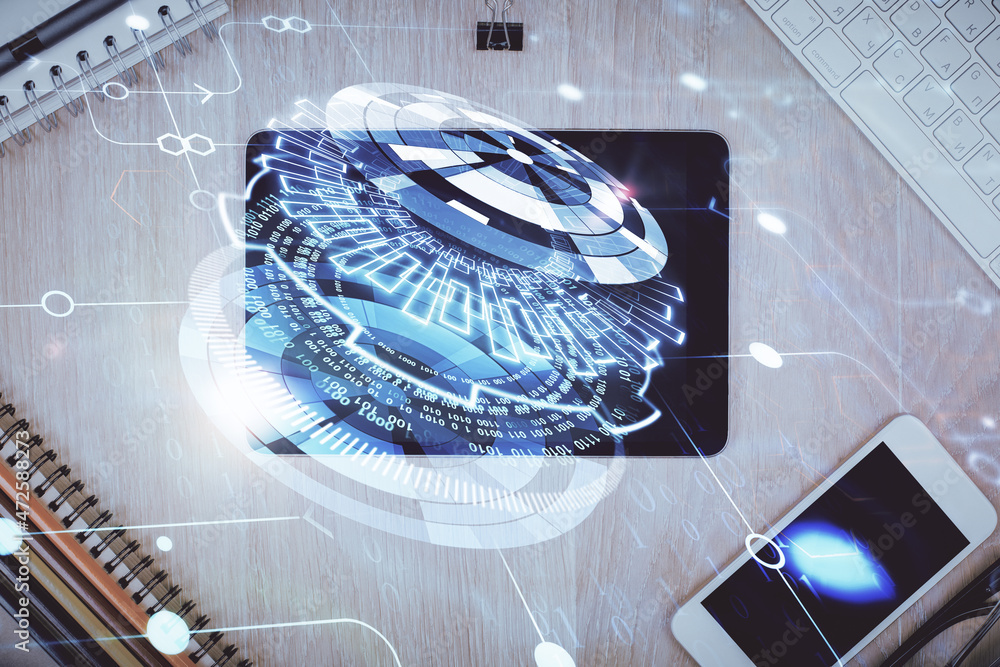 Multi exposure of technology theme drawing over work table desktop. Top view. Global data analysis concept. Multi exposure of technology theme drawing over work table desktop. Top view. Global data analysis concept.