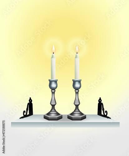 Shelf design decorated with candlesticks and wax candles lit in honor of Shabbat