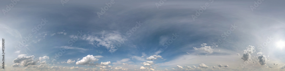 blue sky hdri 360 panorama with halo and haze in beautiful clouds in seamless projection with zenith for use in 3d graphics or game development as sky dome or edit drone shot for sky replacement