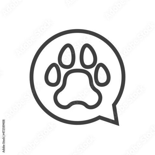 Pet chat. Logotipo con zarpa de gato o perro en burbuja de habla con líneas en color gris