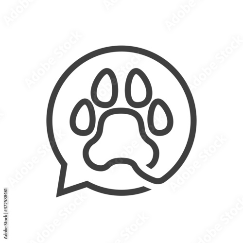 Pet chat. Logotipo con zarpa de gato o perro en burbuja de habla con líneas en color gris