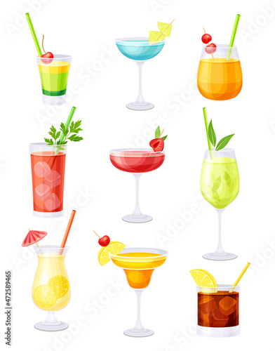 Glasses of cocktails set. Cold alcoholic or non alcoholic beverages vector illustration