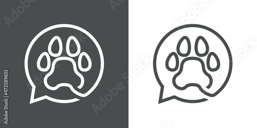 Pet chat. Logotipo con zarpa de gato o perro en burbuja de habla con líneas en fondo gris y fondo blanco