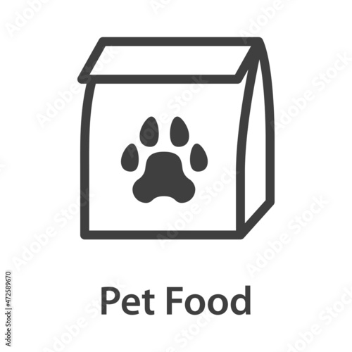 Logotipo con texto Pet Food con zarpa de gato o perro en bolsa de papel con líneas en color gris