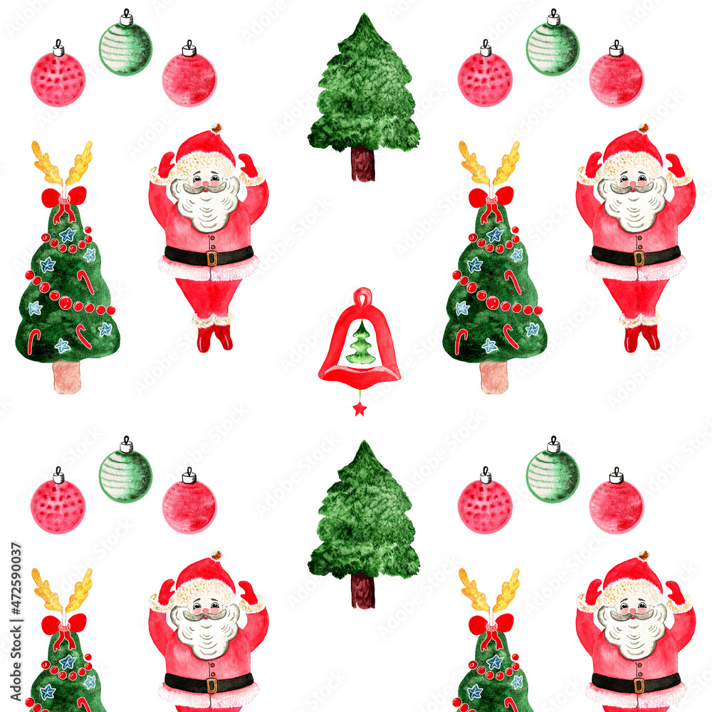 Watercolor christmas seamless background, pattern with cute and funny cartoon Santa Claus, christmas tree and holiday decorations. Christmas pattern on white background. Watercolor christmas seamless background, pattern with cute and funny cartoon Santa Claus, christmas tree and holiday decorations. Christmas pattern on white background.