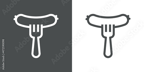 Logotipo restaurante a la parrilla. Icono plano salchicha en tenedor con líneas en fondo gris y fondo blanco