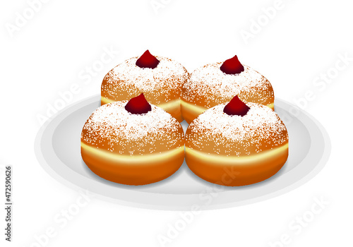 Design a plate of donuts with powdered sugar and jam in honor of the Jewish Hanukkah holiday
