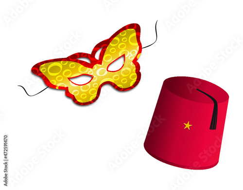 A costume design for the Jewish Purim holiday that includes a colorful mask around the eyes and a Turkish turbo hat for the head