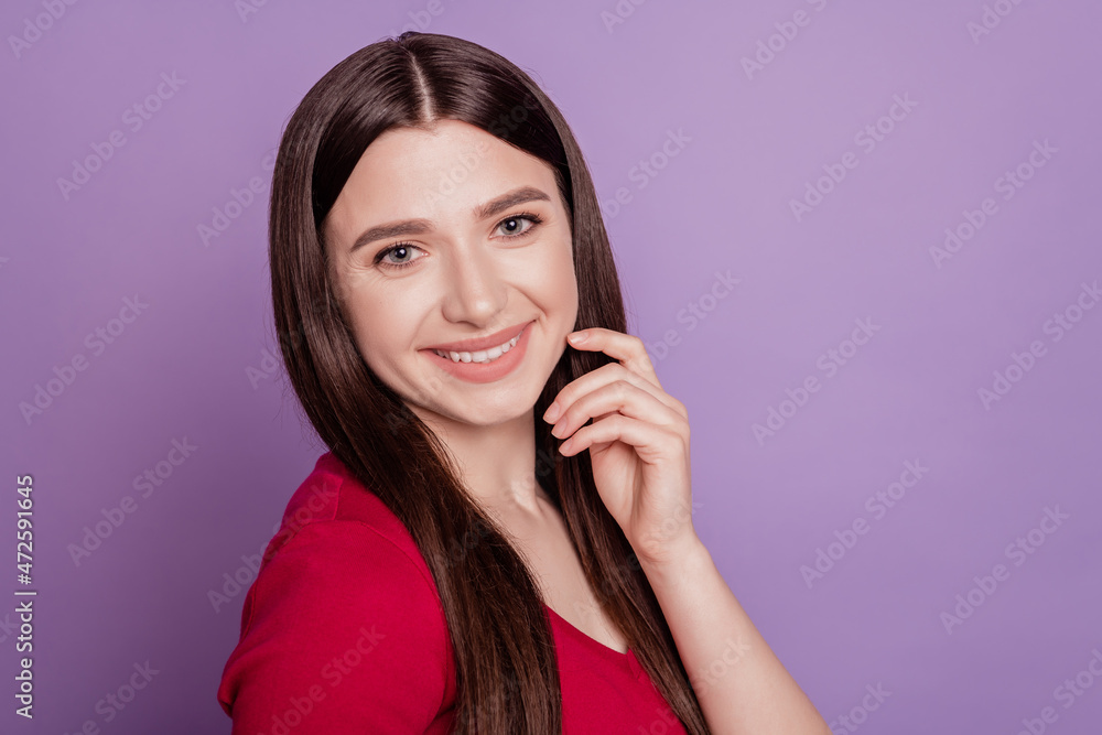 Portrait of happy joyful dreamy adorable woman look camera shiny smile on purple background Portrait of happy joyful dreamy adorable woman look camera shiny smile on purple background