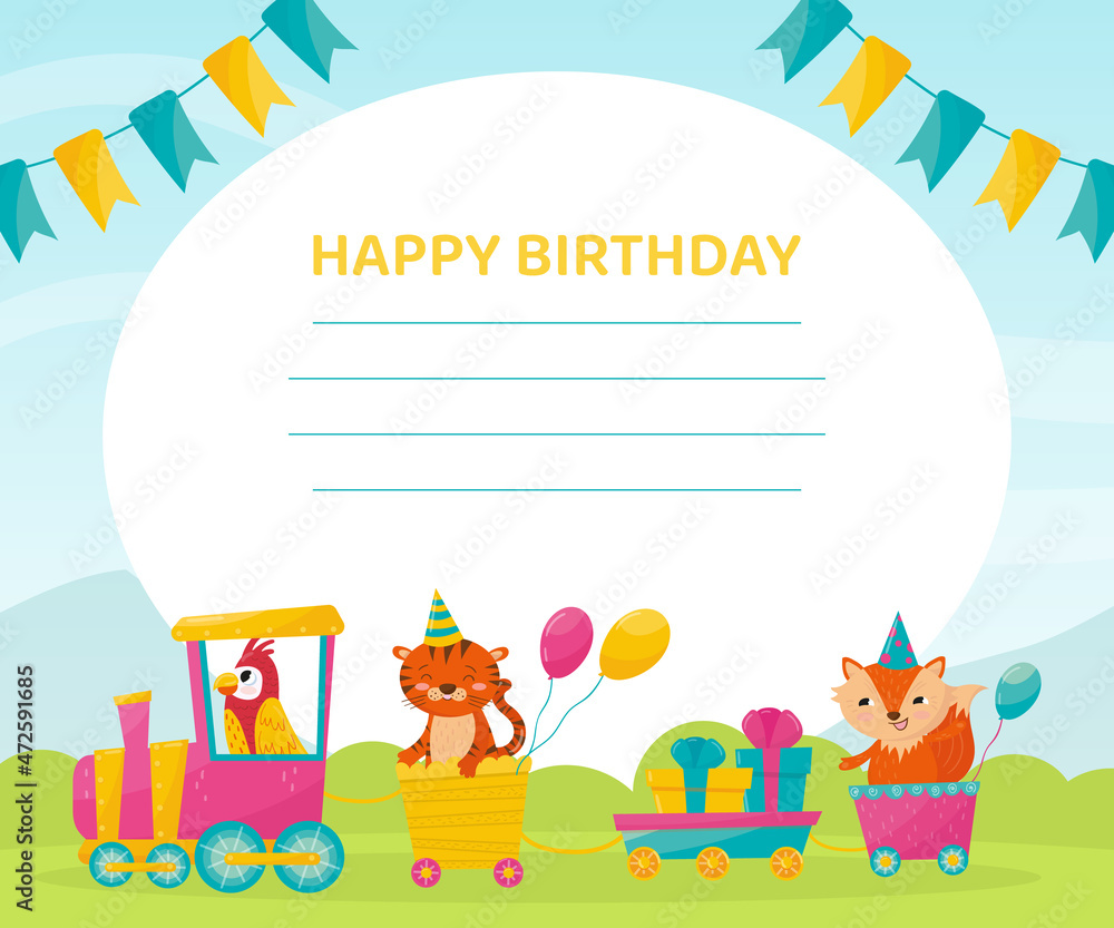 Kids birthday invitation card with cute cartoon animals and place for text  vector illustration Stock Vector | Adobe Stock
