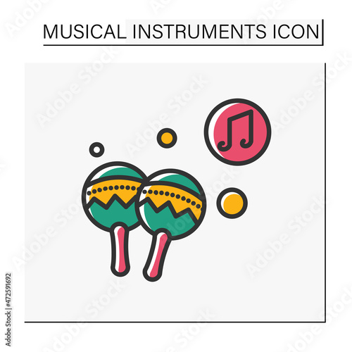  Maracas color icon. Rumba shaker or chac-chac.Traditional Latin rattle musical instrument. Classical, ethnic and modern music. Music from different countries. Isolated vector illustration