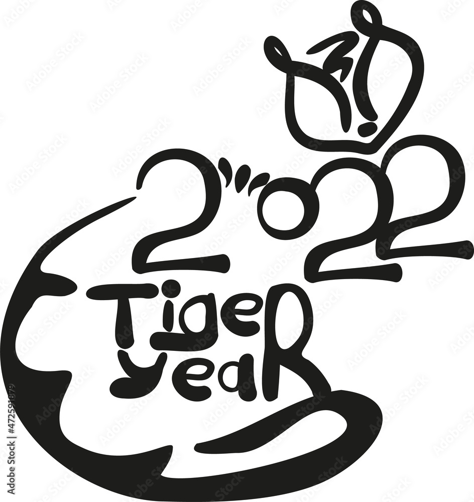 tiger of numbers in hand draw style. Lunar zodiac symbol of Year of Tiger. Chinese New Year 2022 Christmas logo. Vector illustration