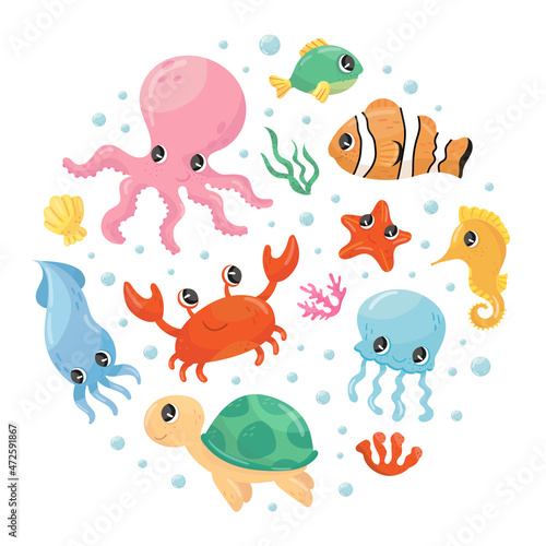 Cute marine animals in circular shape. Undersea world poster, card, background design element vector illustration