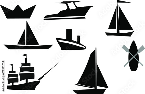 set of silhouettes of ships,baot and boating items.