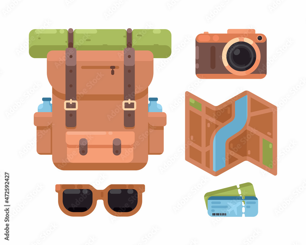 travel set icon with bag, camera, sunglass, maps, ticket vector illustration