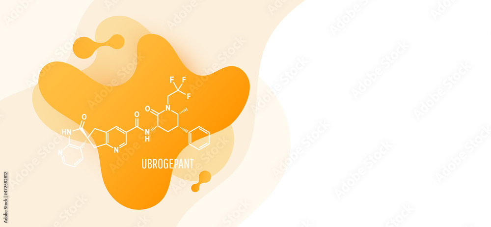Ubrogepant migraine drug molecule formula with liquid fluid shapes on white background, vector illustration Ubrogepant migraine drug molecule formula with liquid fluid shapes on white background, vector illustration