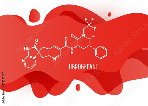 Ubrogepant migraine drug molecule formula with liquid fluid shapes on white background, vector illustration