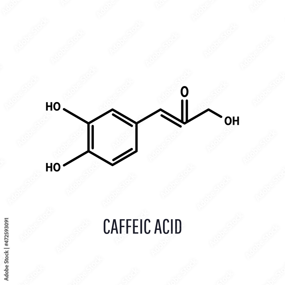 Caffeic acid, C9H8O4 molecular structure. Skeletal chemical formula on white background, vector illustration Caffeic acid, C9H8O4 molecular structure. Skeletal chemical formula on white background, vector illustration