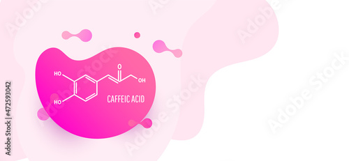 Caffeic acid, C9H8O4 molecular structure. Skeletal chemical formula with pink liquid fluid shapes on white background, vector illustration