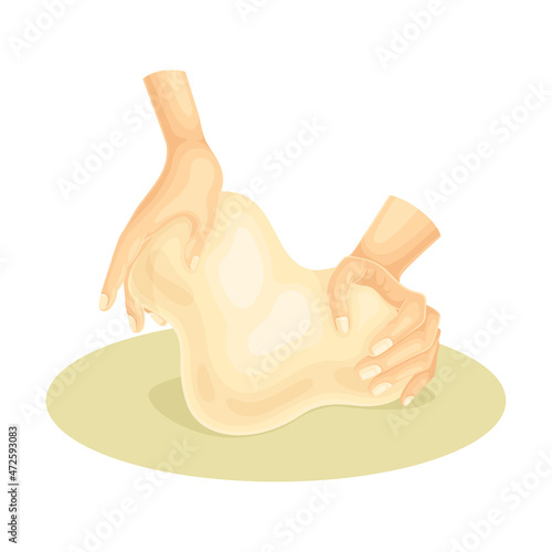 Human hands kneading dough. Bakery process, homemade food vector illustration