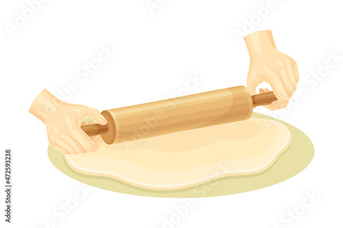 Hand rolling dough with a rolling pin. Bakery process, kneading pastry for cookies or pizza vector illustration