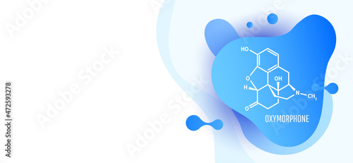 Oxymorphone opioid analgesic drug molecule, skeletal chemical formula with liquid fluid shapes on white background, vector illustration