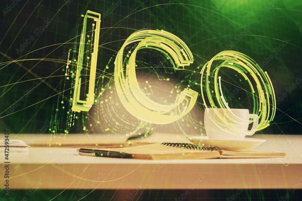 Double exposure of crypto technology drawing and desktop with coffee and items on table background. Concept of blockchain Double exposure of crypto technology drawing and desktop with coffee and items on table background. Concept of blockchain