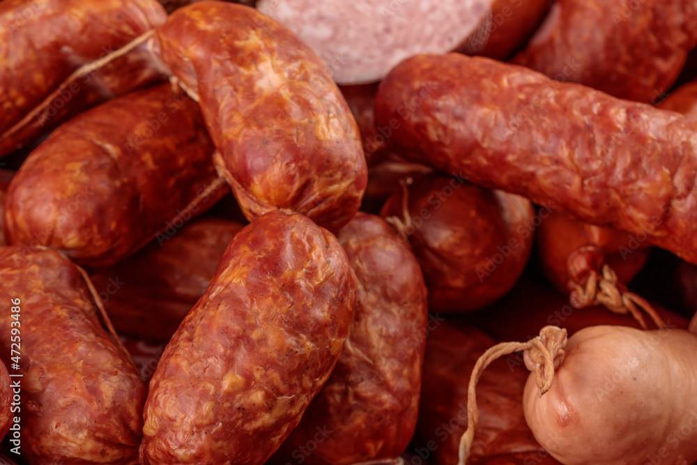 Smoked pork sausages made from minced meat Smoked pork sausages made from minced meat