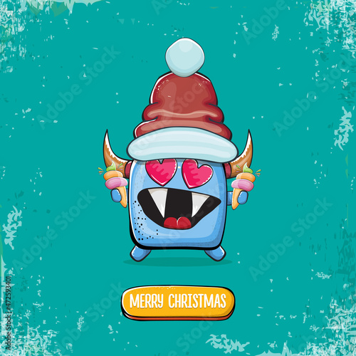Vector cartoon funky blue monster with Santa Claus red hat holding ice cream isolated on turquoise background. Childrens Merry Christmas greeting card with funny monster elf Santa Claus.