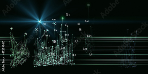 Abstract technology background with polygonal graph, data and blurred lines on black. Analytics algorithms. Quantum concept. Banner for business, science and technology.