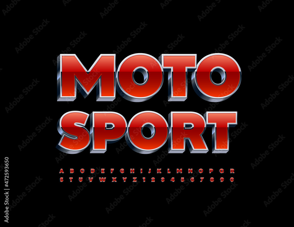 Vector bright banner Moto Sport with Red and Metallic Font. Modern style Alphabet Letters and Numbers set