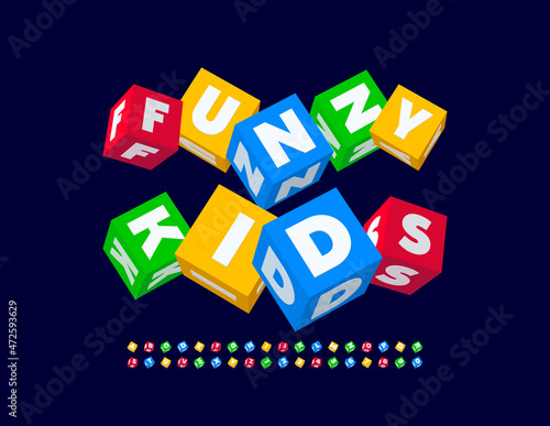Vector playful poster Funny Kids with Colorful Cubic Font. Childish set of Blocks Alphabet Letters and Numbers