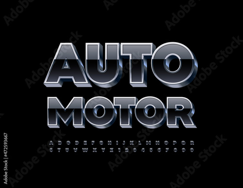 Vector industrial Sign Auto Motor. Black and Silver Font. 3D Metallic Alphabet Letters and Numbers.