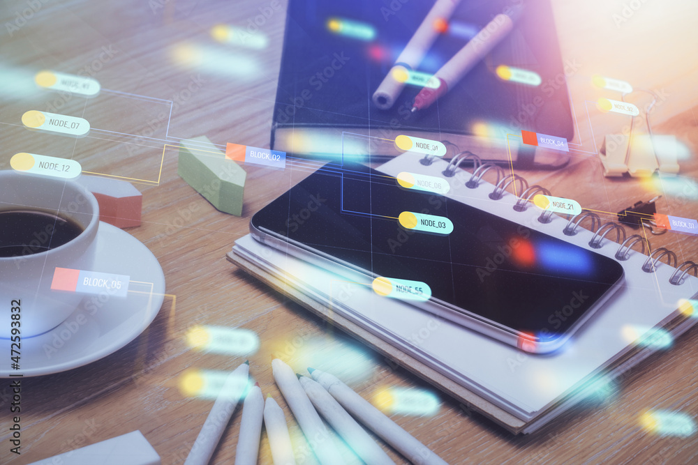 Double exposure of data theme drawing and mobile phone background. Concept of innovation Double exposure of data theme drawing and mobile phone background. Concept of innovation