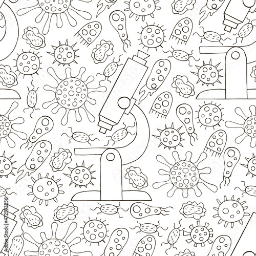 Monochrome medical seamless pattern. Coloring pages, black and white