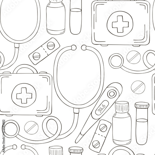Monochrome medical seamless pattern. Coloring pages, black and white