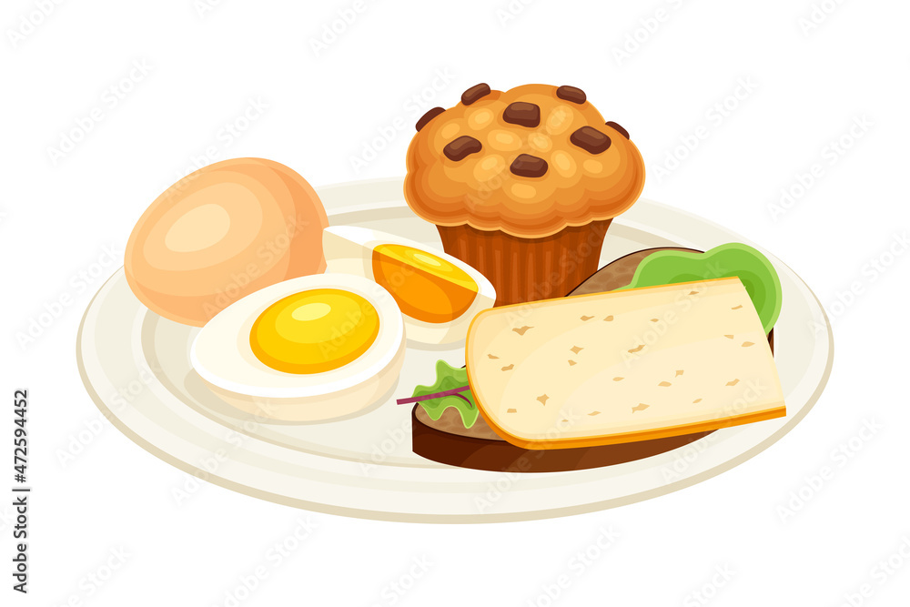 Boiled eggs, sandwich and muffin on plate. Tasty food dish for breakfast vector illustration Boiled eggs, sandwich and muffin on plate. Tasty food dish for breakfast vector illustration