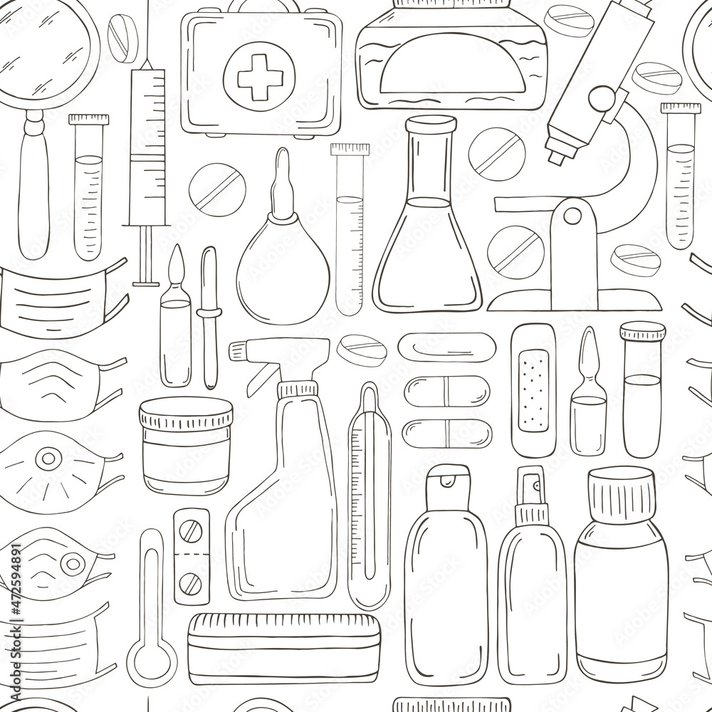 Monochrome medical seamless pattern. Coloring pages, black and white Monochrome medical seamless pattern. Coloring pages, black and white
