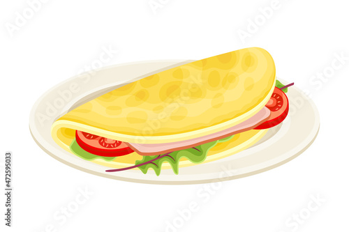 Omelette with vegetables on plate. Tasty food dish for breakfast vector illustration
