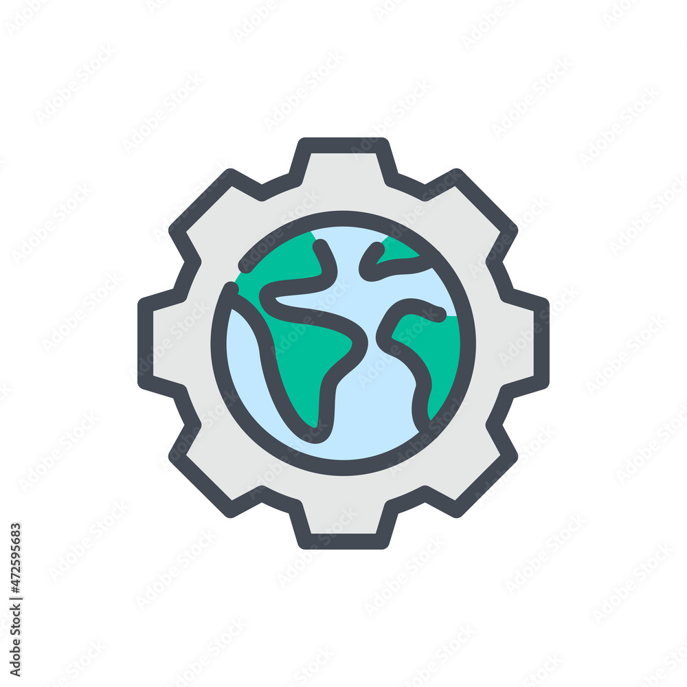 Cogwheel with planet Earth color line icon. Gear and Global process vector outline colorful sign. Cogwheel with planet Earth color line icon. Gear and Global process vector outline colorful sign.