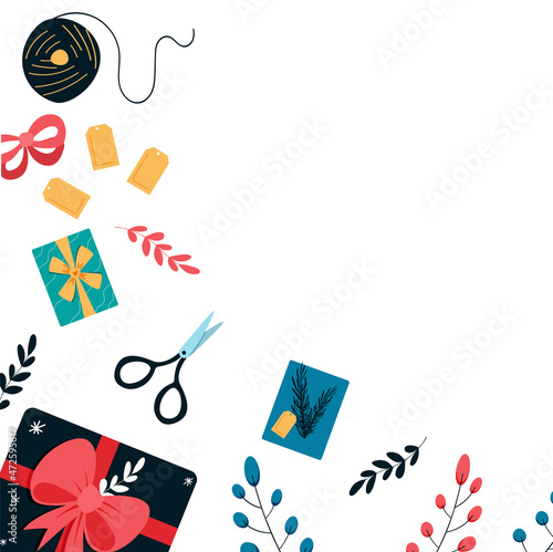 Gift wrapping. Giving season concept. Vector illustration with hand-made packaging and items