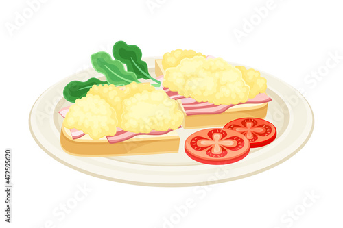 Sandwich with ham and scrambled eggs. Tasty food dish for breakfast vector illustration