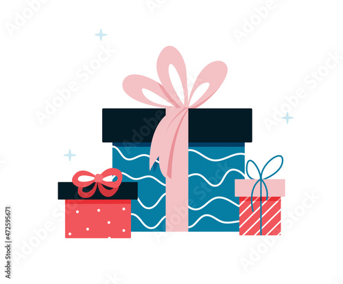 Set of gift holiday boxes with bows and ribbons. Vector flat illustration. Collection of boxes with presents