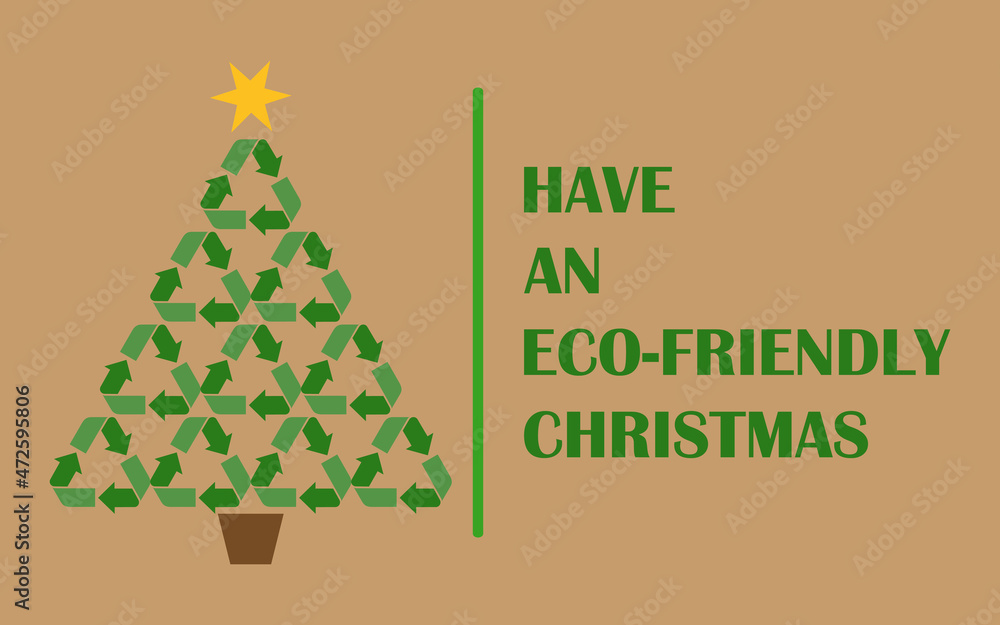 Naklejka premium Recycle your Christmas Three.Eco-friendly Christmas.Green Christmas.Chrismas three with recycle symbols.Recycling.Banner,greeeting card.