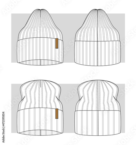 Knitted beanie hats set of technical sketches. Vector illustration.