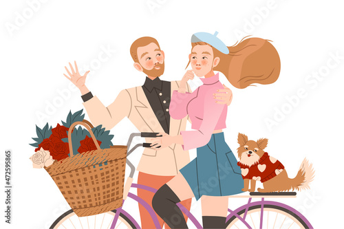 Loving couple riding bike. Happy people in romantic relationships vector illustration