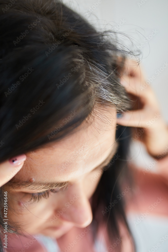 Portrait of a beautiful young woman examining her scalp and hair in front of the mirror, Portrait of a beautiful young woman examining her scalp and hair in front of the mirror,