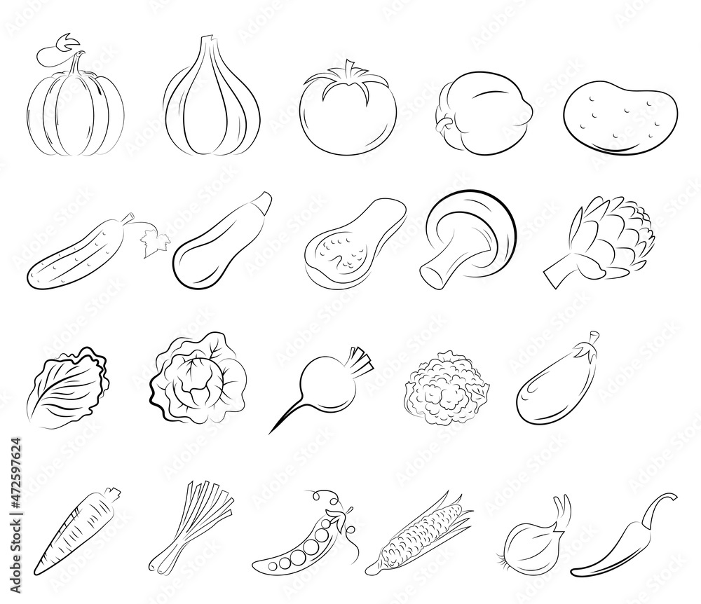 Contour icons of vegetables and mushrooms on a white background Contour icons of vegetables and mushrooms on a white background