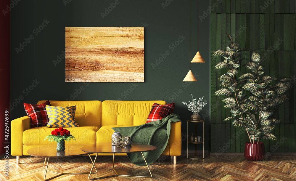 Interior design of modern apartment, yellow sofa in living room, dark