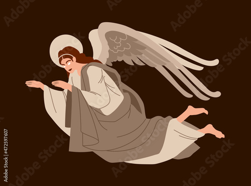A flying winged angel from Orthodox icons, a heavenly messenger, for Christmas and Easter cards, posters. Color vector illustration on a dark background in a cartoon and flat design.
